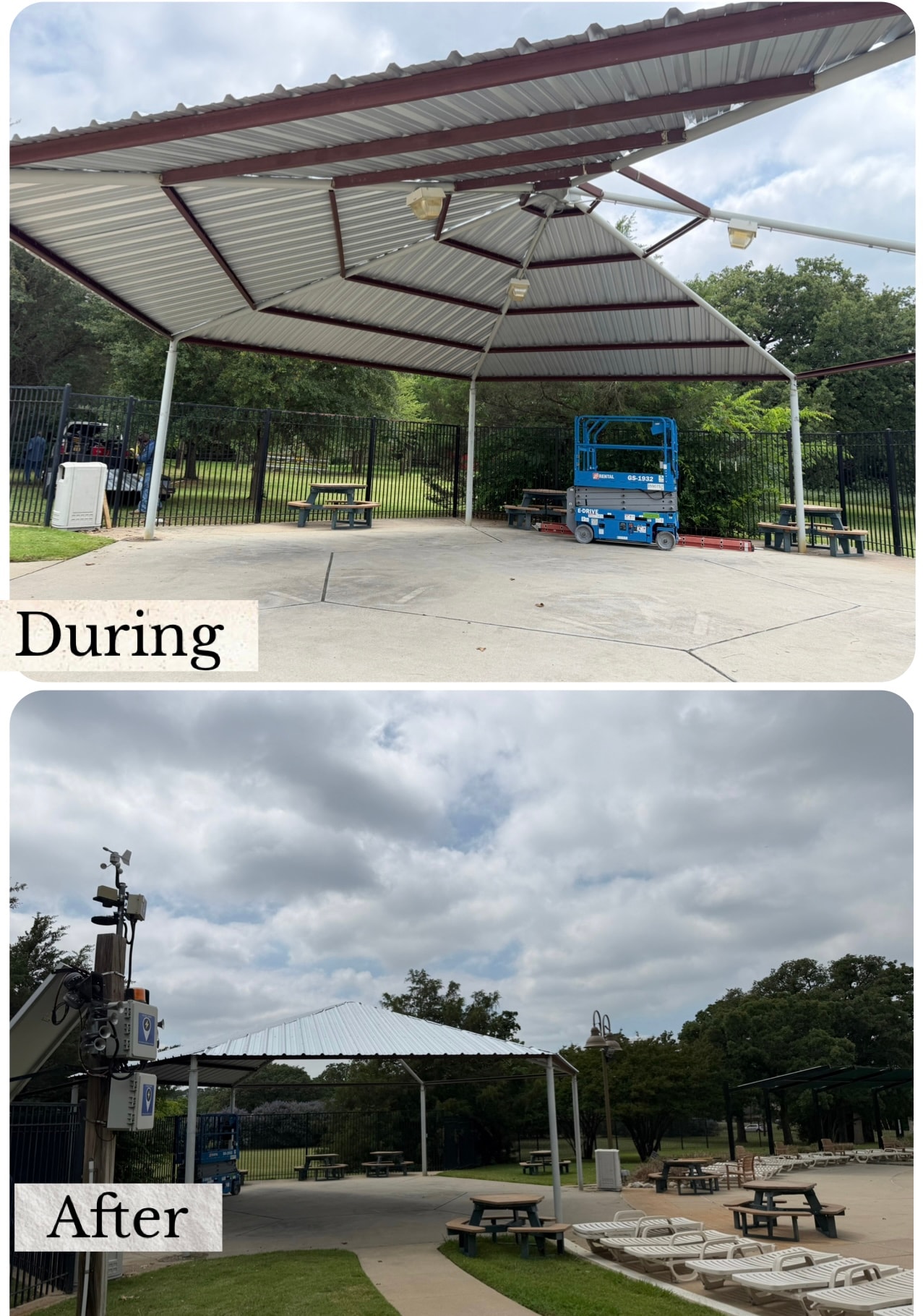 Metal canopy structure construction before and after