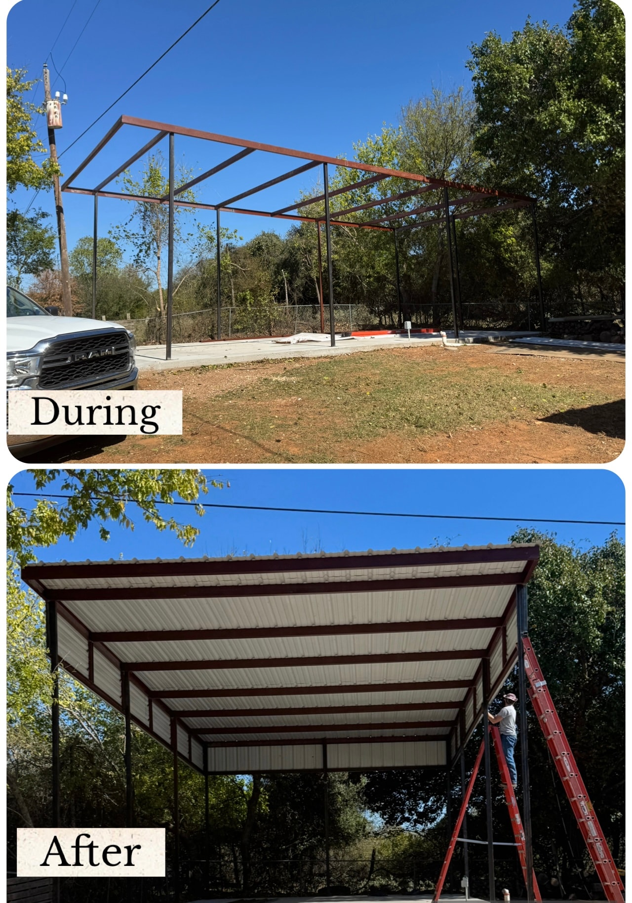 Metal carport construction before and after